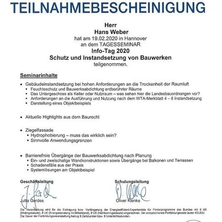 Teilnahmebescheinigung: Schutz und Instandsetzung von Bauwerken